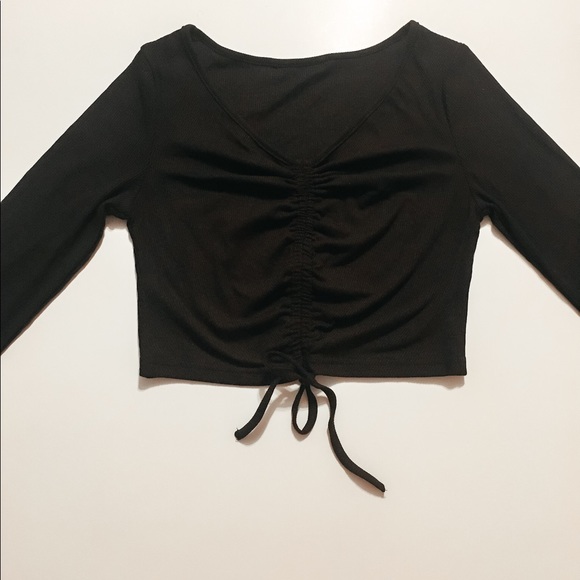 Drawstring Ruched Front Rib-knit Crop Top - Picture 2 of 3